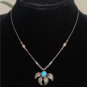 Vintage Native American 18” Turquoise Silver Floral Leaf Necklace